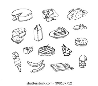 Food set on white background. Free hand drawn. Vector illustration. Cheese, meal, bread, cake, fish, milk, yougurt, ice cream, chocolate, eggs, pie.