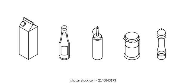 Food set - package; juice; jam; sauce; pepper. Isometric vector illustration in flat design. Outline, linear style, line art. Meal preparation.