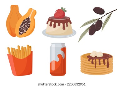 food set papaya branch with olives dessert french fries soda in tin and pancakes