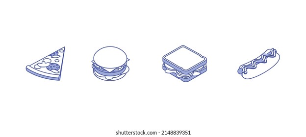 Food set - pizza, burger, sandwich, hot dog. Isometric vector illustration in flat design. Outline, linear style, line art. Meal preparation.