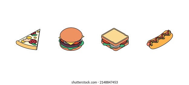 Food set - pizza, burger, sandwich, hot dog. Isometric vector illustration in flat design. Outline, linear style, line art. Meal preparation.