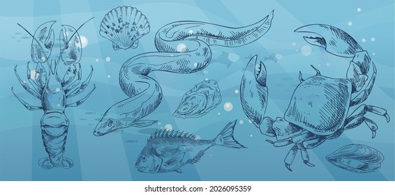 Food set, seafood, dish ingredients. Fish restaurant menu assortment. Silhouettes of tuna, lobster, oyster, mussels, shrimps on blue background. Hand drawn fish products, seafood recipe ingredients