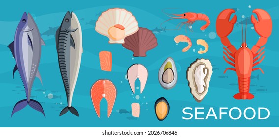 Food set, seafood, dish ingredients. Fish restaurant menu assortment. Tuna, lobster, oyster, mussels, shrimps on blue background. Fish products, seafood recipe ingredients vector illustration