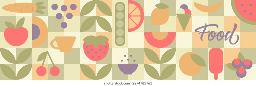 Food - set of seamless geometric shapes, circles and squares, drawn in flat cartoon vector, word lettering. Fruits and vegetables in modern trendy style - apple, orange, lemon, cherry and pea.