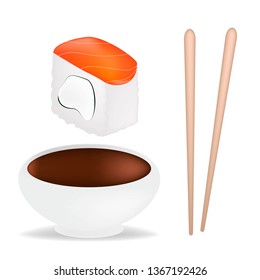 Food set with sushi and rolls, chopsticks, soy sauce in white sauceboat isolated vector illustration
