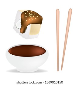 Food set with sushi and rolls, chopsticks, soy sauce in white sauceboat isolated vector illustration