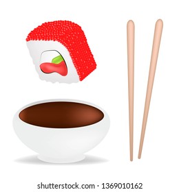 Food set with sushi and rolls, chopsticks, soy sauce in white sauceboat isolated vector illustration