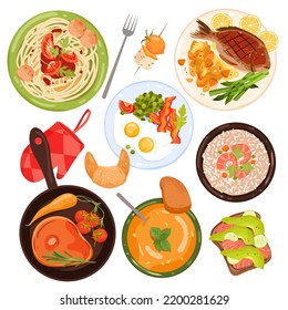 Food set, top view vector illustration. Cartoon isolated sandwich with salmon and avocado, fried eggs with bacon, healthy bowl of pumpkin soup and shrimp rice, spaghetti with meatballs and sauce