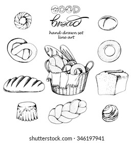 Food set with a variety of bread, basket with bread and baked goods. Hand-drawn vector illustration in sketch style.
