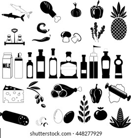 food set of vector black icons on white background