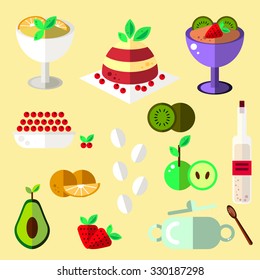 Food set in vector: cranberries, strawberry, orange, kiwi, avocado, apple. Flat illustration.