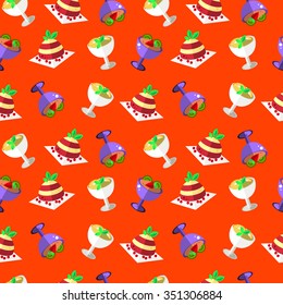 Food set in vector: cranberries, strawberry, orange, kiwi, apple. Food Flat illustration. Seamless food pattern in flat style. Food flat background. Appetite fruits pattern.
