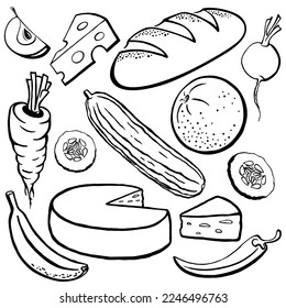 Food. Set of vector graphics, hand drawing. Apple, cheese, bread, radish, carrot, cucumber, banana, orange