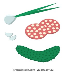 Food set. Vector illustration of sausage slices, cucumber, garlic and onion. Drawing of fresh vegetable, greenery and food for snack.