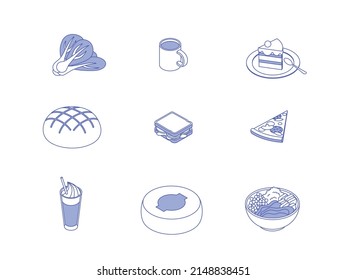 Food set - vegetables, greens, dairy, meat, fruit, fish, drink, meal, dish. Isometric vector illustration in flat design. Outline, linear style, line art. Meal preparation.