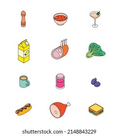 Food set - vegetables, greens, dairy, meat, fruit, fish, drink, meal, dish. Isometric vector illustration in flat design. Outline, linear style, line art. Meal preparation.