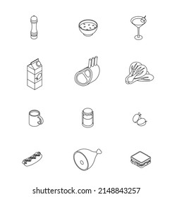 Food set - vegetables, greens, dairy, meat, fruit, fish, drink, meal, dish. Isometric vector illustration in flat design. Outline, linear style, line art. Meal preparation.