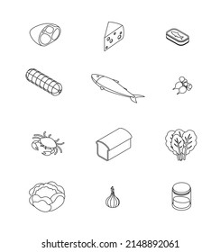 Food set - vegetables, greens, dairy, meat, fruit, fish, drink, meal, dish. Isometric vector illustration in flat design. Outline, linear style, line art. Meal preparation. Icons. Editable stroke.