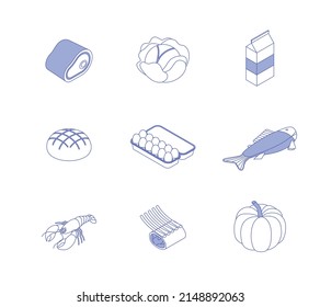 Food set - vegetables, greens, dairy, meat, fruit, fish, drink, meal, dish. Isometric vector illustration in flat design. Outline, linear style, line art. Meal preparation. Icons. Editable stroke.