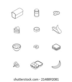 Food set - vegetables, greens, dairy, meat, fruit, fish, drink, meal, dish. Isometric vector illustration in flat design. Outline, linear style, line art. Meal preparation. Icons. Editable stroke.