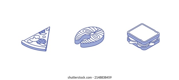 Food set - vegetables, meat, vegan, fish, meal, dish, power bowl, ramen. Isometric vector illustration in flat design. Outline, linear style, line art. Meal preparation.