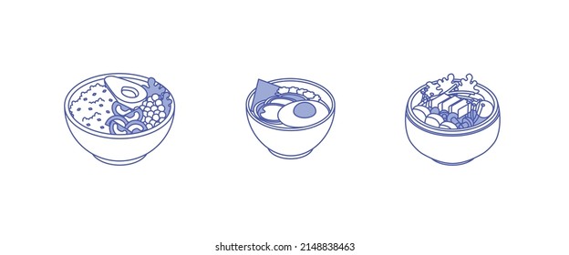 Comida - verduras, carne, verduras, pescado, comida, plato, tazón de energía, ramen. Isometric vectorial ilustración en diseño plano. Contorno, estilo lineal, línea de arte. Preparación de la comida.