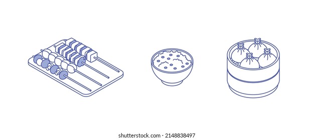 Food set - vegetables, meat, vegan, fish, meal, dish. Isometric vector illustration in flat design. Outline, linear style, line art. Meal preparation.