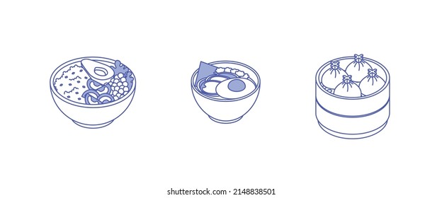 Comida - verduras, carne, verduras, pescado, comida, plato, tazón de energía, ramen. Isometric vectorial ilustración en diseño plano. Contorno, estilo lineal, línea de arte. Preparación de la comida.