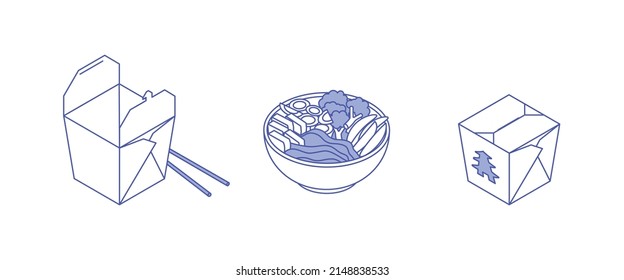 Food set - vegetables, meat, vegan, fish, meal, dish, power bowl, take out. Isometric vector illustration in flat design. Outline, linear style, line art. Meal preparation.