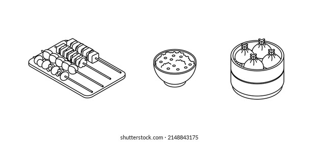 Food set - vegetables, meat, vegan, fish, meal, dish. Isometric vector illustration in flat design. Outline, linear style, line art. Meal preparation.