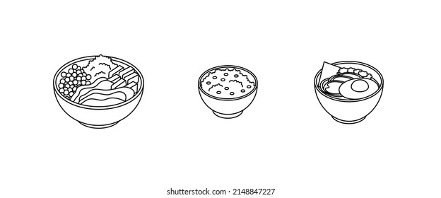 Comida - verduras, carne, verduras, pescado, comida, plato, tazón de energía, ramen. Isometric vectorial ilustración en diseño plano. Contorno, estilo lineal, línea de arte. Preparación de la comida.