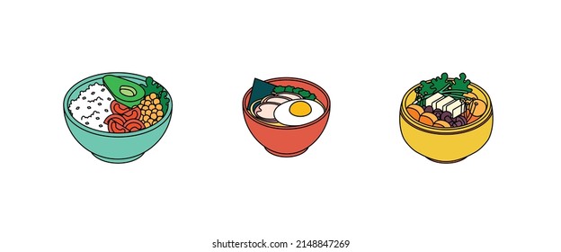 Food set - vegetables, meat, vegan, fish, meal, dish, power bowl, ramen. Isometric vector illustration in flat design. Outline, linear style, line art. Meal preparation.