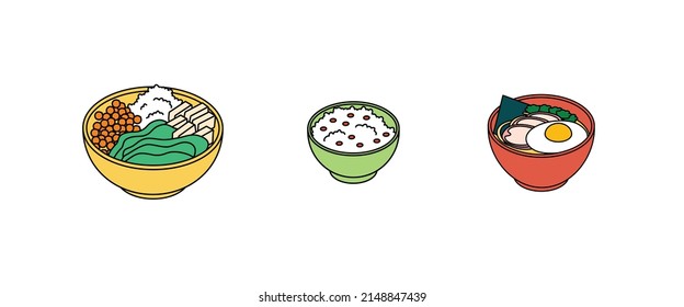 Food set - vegetables, meat, vegan, fish, meal, dish, power bowl, ramen. Isometric vector illustration in flat design. Outline, linear style, line art. Meal preparation.