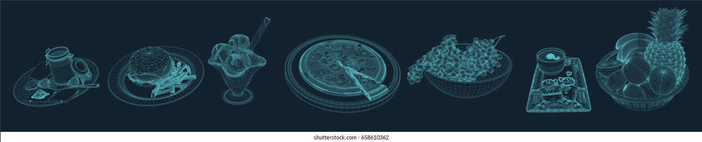 food set in wire frame style. contains breakfast, toast, hamburger with fries, pizza, ice cream, grapes, fruit basket with bananas, pineapple, kiwis, etc