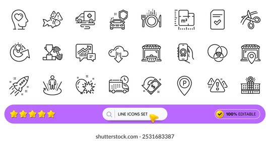 Food, Share idea and Delivery line icons for web app. Pack of Cloud download, Online market, Award app pictogram icons. Euler diagram, Market location, Checked file signs. Car secure. Vector