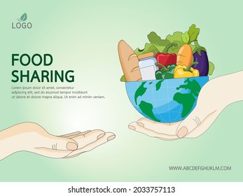 Food sharing charity concept. People donate food giving homeless and immigrant people with humanitarian aid. Idea of waste reduction and help giving out food directly to the hungry.