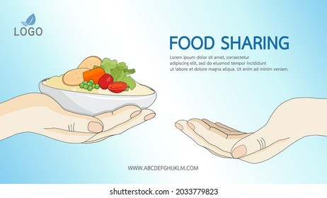 Food sharing charity concept. People donate food giving homeless and immigrant people with humanitarian aid. Idea of waste reduction and help giving out food directly to the hungry.