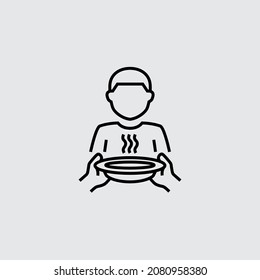 Food Sharing Charity. Hands Holding Plate With Hot Soup Vector Line Icons