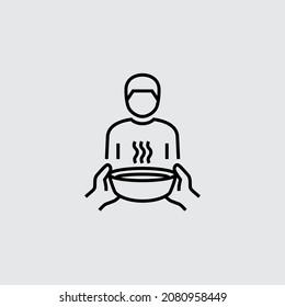 Food Sharing Charity. Hands Holding Plate With Hot Soup Vector Line Icons