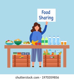 Food sharing concept vector illustration. Woman standing with food, fruit and drink on table for donation. Time for sharing. Food donation. Kindness to poverty.