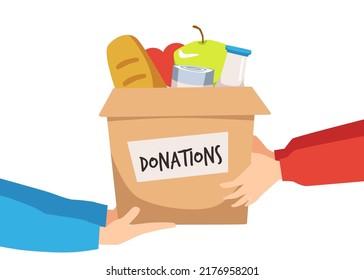 Food sharing and donation volunteering project of support and helping hand for the poor or refugees, flat cartoon vector illustration isolated on white background.