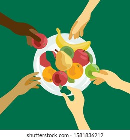 Food Sharing Illustration. Human Hands With Fruits. People Of Different Nationalities Take Food From Plate. Design For Charity, Volunteer Organization, Restaurant Or Cafe. Background For Flyer, Banner