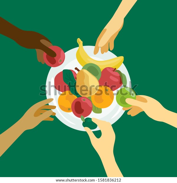 食べ物シェアのイラスト 人間の手と果実 食べ物を食べる国や民族が違う 慈善団体 ボランティア組織 レストラン カフェのデザイン チラシ バナーの背景 のベクター画像素材 ロイヤリティフリー