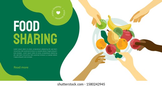 Food Sharing Illustration. Layout Of Share Meal, Waste Reduction, Help Restaurant Or Cafe Sell Unused Product. People Take Food From A Plate. Design For Charity, Volunteer Organization. Flyer Template