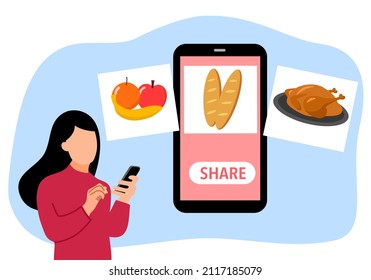 Food sharing on smartphone screen in flat design. Food online donation. Time for charity.