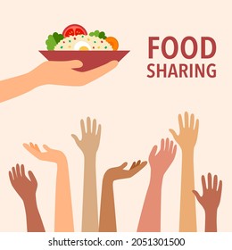 Food sharing to poverty in flat design. Food donation concept. Kindness and generosity to poor people.