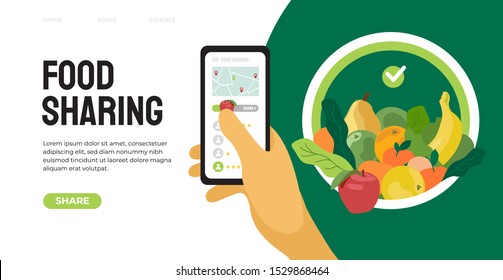 Food Sharing Project Mobile App Help Restaurant And Cafe Sell Unused Food. Vector Illustration Of Share Meal And Waste Reduction. Hand Holding Smartphone. Template For Banner, Flyer, Landing Page, Web