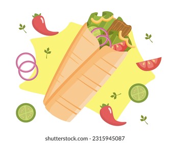 Food shawarma with vegetables concept. Fast food or healthy eating. Catering and cafe menu. Lavash with tomatoes, onions, peppers and lettuce, meat. Cartoon flat vector illustration