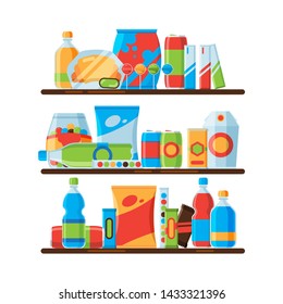 Food shelves. Snack crisp cold soda drinks in plastic bottles crackers junk food promoting vector illustrations. Snacking packaging, cracker and drink for retail