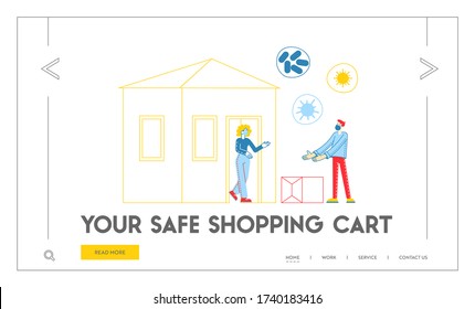 Food Shipping, Safe Food Delivery during Coronavirus Pandemic Landing Page Template. Courier Character Bringing Grocery Production at Customer Door to Avoid Contact. Linear People Vector Illustration